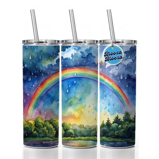 Rainbow After Rain Storm Watercolor Skinny Tumbler 20oz with Straw Insulated Water Bottle Gift
