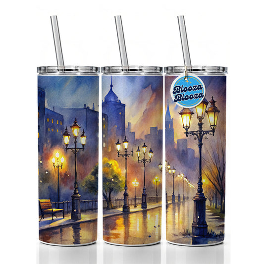 Raining In The City At Night Watercolor Skinny Tumbler 20oz with Straw Insulated Water Bottle Gift