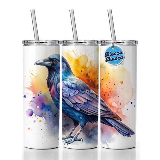 Raven Colorful Watercolor Skinny Tumbler 20oz with Straw Insulated Water Bottle Gift