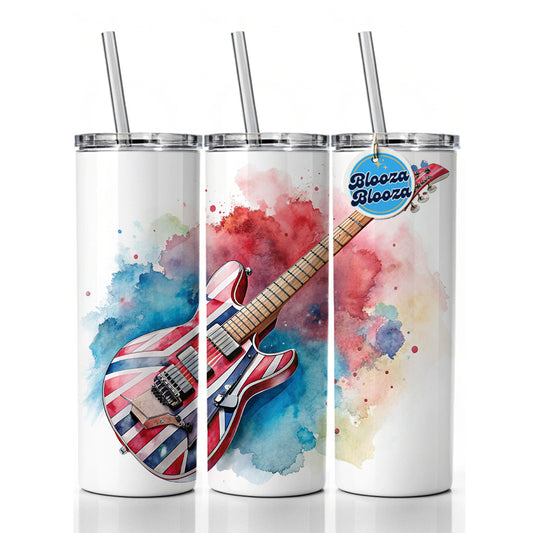 Red White Blue Rock and Roll Guitar Watercolor Skinny Tumbler 20oz with Straw Insulated Water Bottle Gift