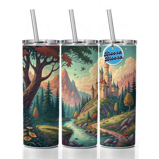 Retro Fantasy Art Castle Kingdom Scene Skinny Tumbler 20oz with Straw Insulated Water Bottle Gift
