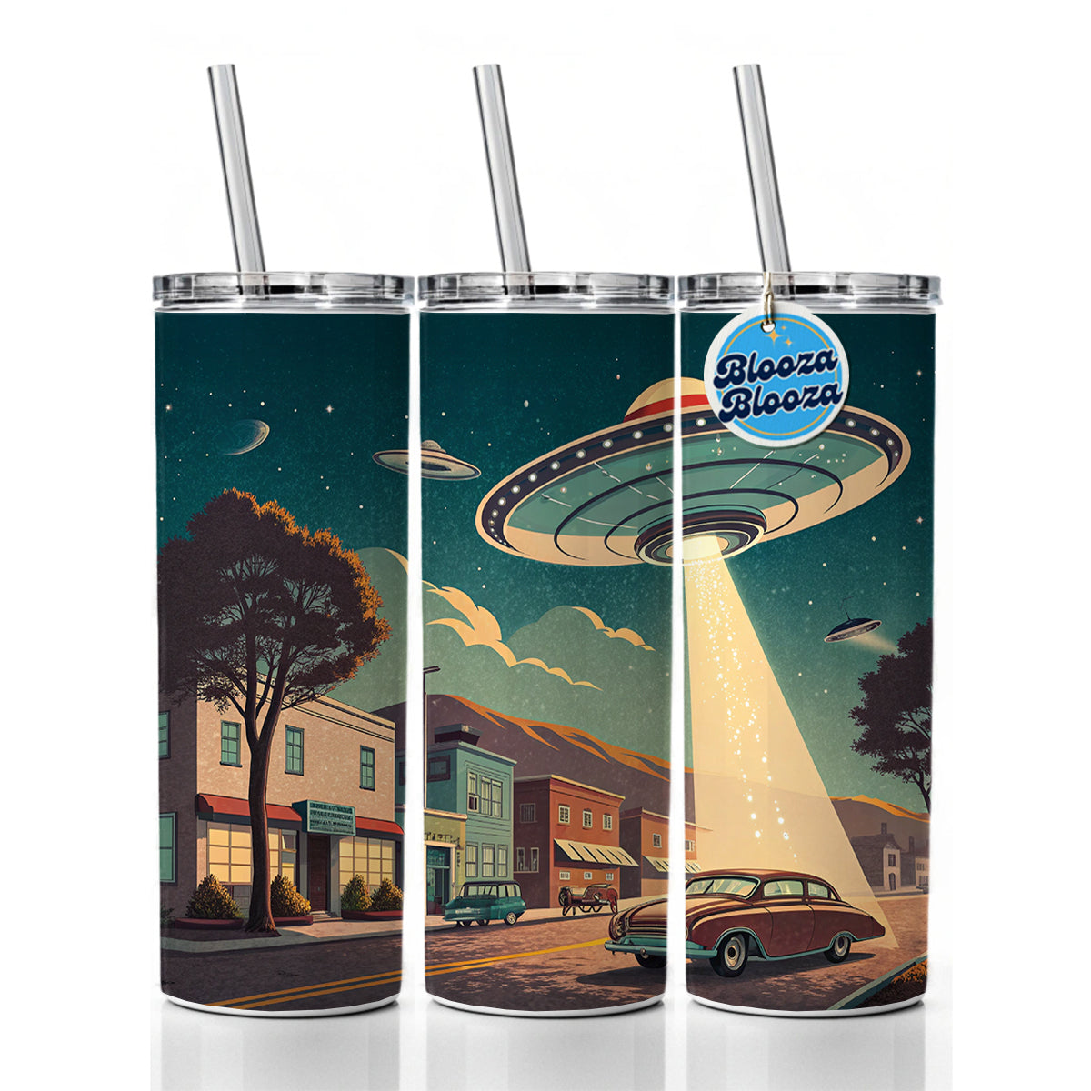 Retro Sci-fi 50's Poster Art Flying Saucer Skinny Tumbler 20oz with Straw Insulated Water Bottle Gift