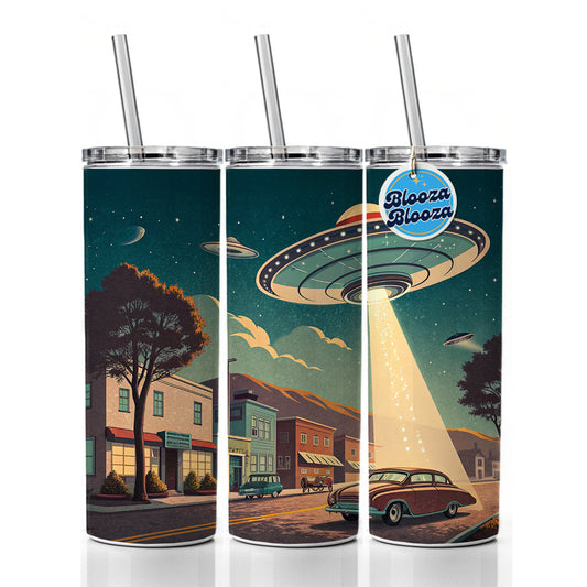Retro Sci-fi 50's Poster Art Flying Saucer Skinny Tumbler 20oz with Straw Insulated Water Bottle Gift