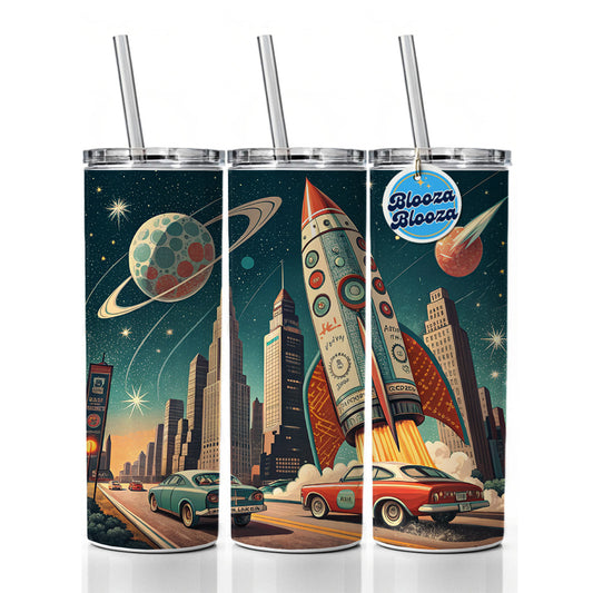 Retro Sci-fi 60's Poster Art Rocket Skinny Tumbler 20oz with Straw Insulated Water Bottle Gift