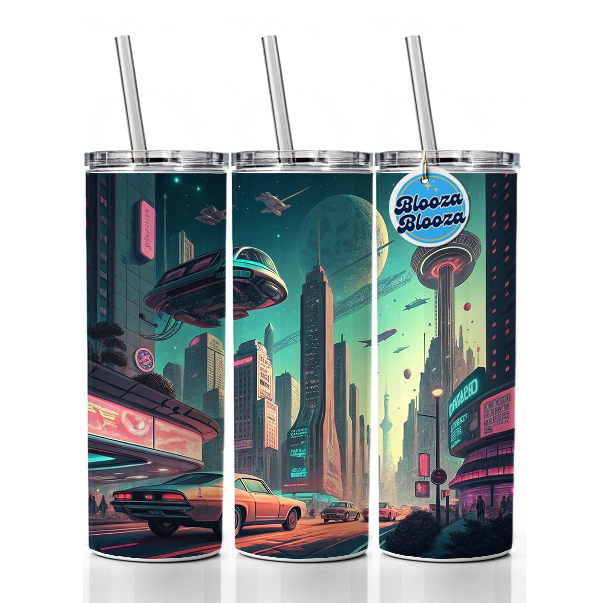 Retro Sci-fi Poster Art Futuristic City Scene Skinny Tumbler 20oz with Straw Insulated Water Bottle Gift