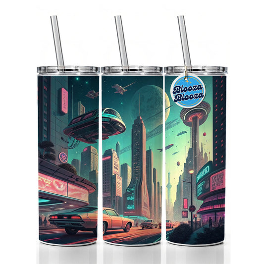 Retro Sci-fi Poster Art Futuristic City Scene Skinny Tumbler 20oz with Straw Insulated Water Bottle Gift