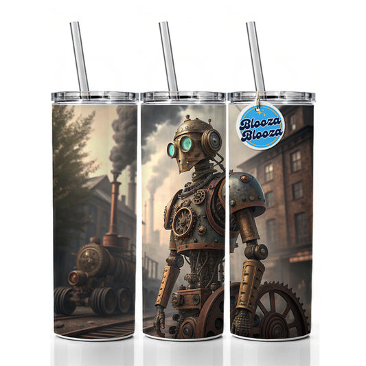 Retro Steampunk Factory Robot Android Skinny Tumbler 20oz with Straw Insulated Water Bottle Gift