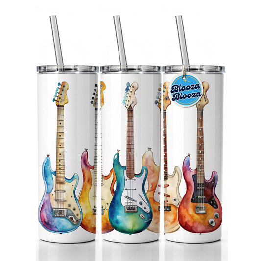 Rock And Roll Guitar Collection Watercolor Skinny Tumbler 20oz with Straw Insulated Water Bottle Gift