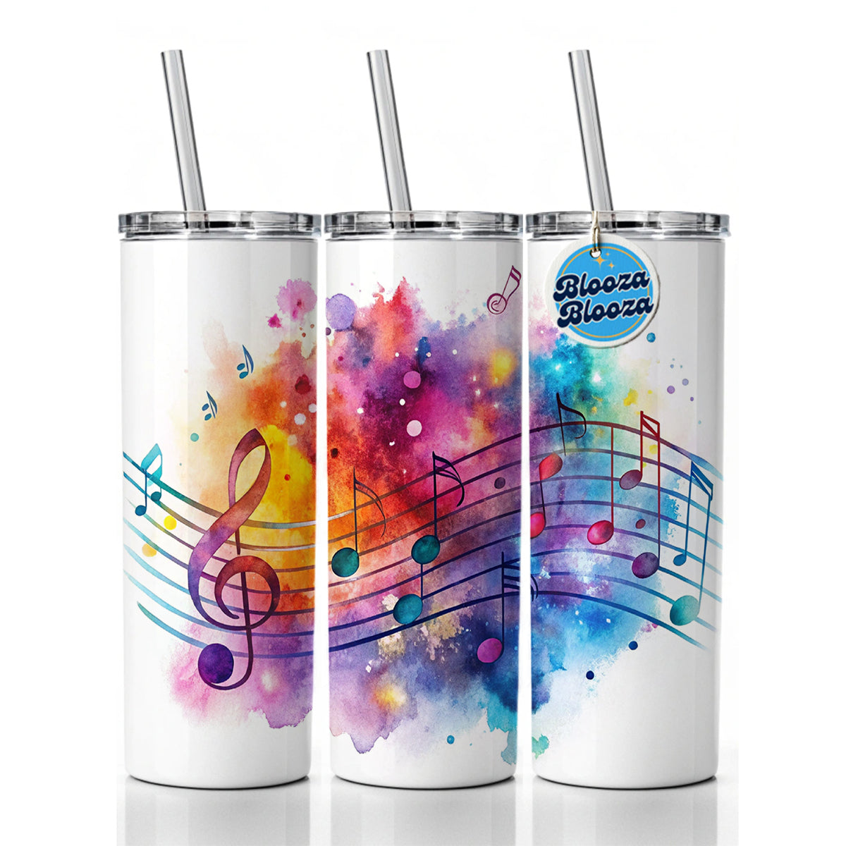 Rock And Roll Music Notes Watercolor Skinny Tumbler 20oz with Straw Insulated Water Bottle Gift