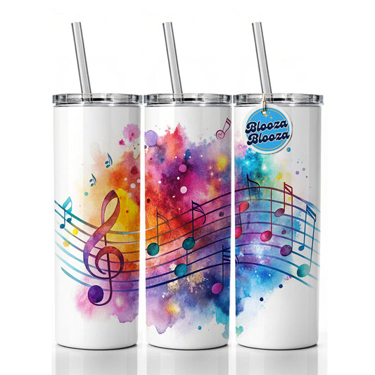 Rock And Roll Music Notes Watercolor Skinny Tumbler 20oz with Straw Insulated Water Bottle Gift