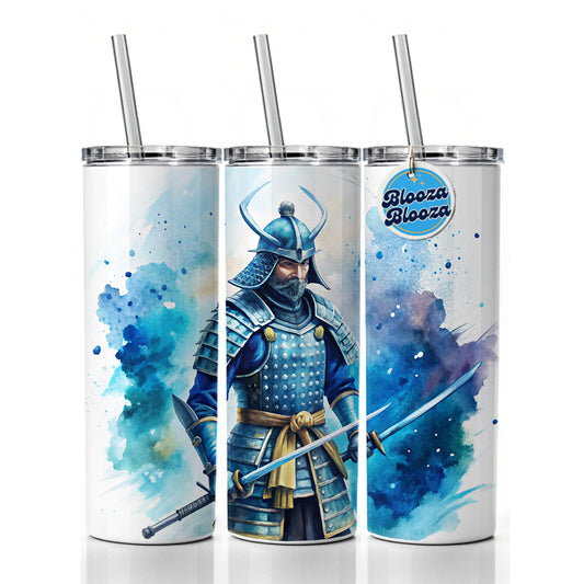 Samurai With Katana And Blue Armor Watercolor Skinny Tumbler 20oz with Straw Insulated Water Bottle Gift