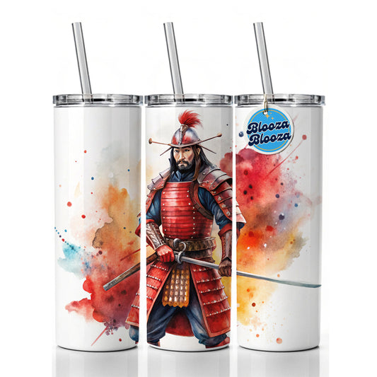 Samurai With Katana And Red Armor Watercolor Skinny Tumbler 20oz with Straw Insulated Water Bottle Gift