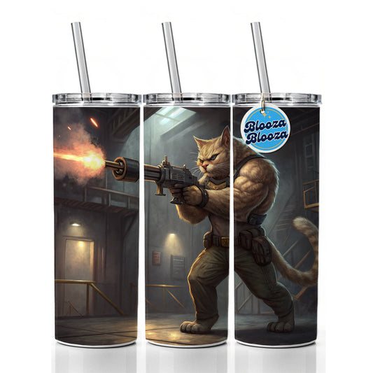 Sci-fi Action Hero Cat Shooting A Machine Gun Skinny Tumbler 20oz with Straw Insulated Water Bottle Gift