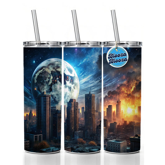 Sci-fi Apocalypse Cityscape City At Night Under a Large Full Moon Skinny Tumbler 20oz with Straw Insulated Water Bottle Gift