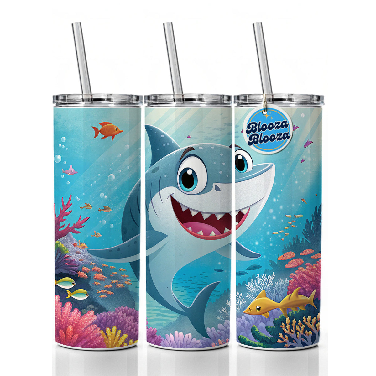Shark Children's Illustration Style Skinny Tumbler 20oz with Straw Insulated Water Bottle Gift