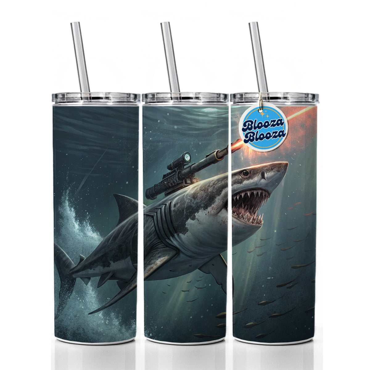 Shark With Laser Gun Mounted On Its Back Skinny Tumbler 20oz with Straw Insulated Water Bottle Gift