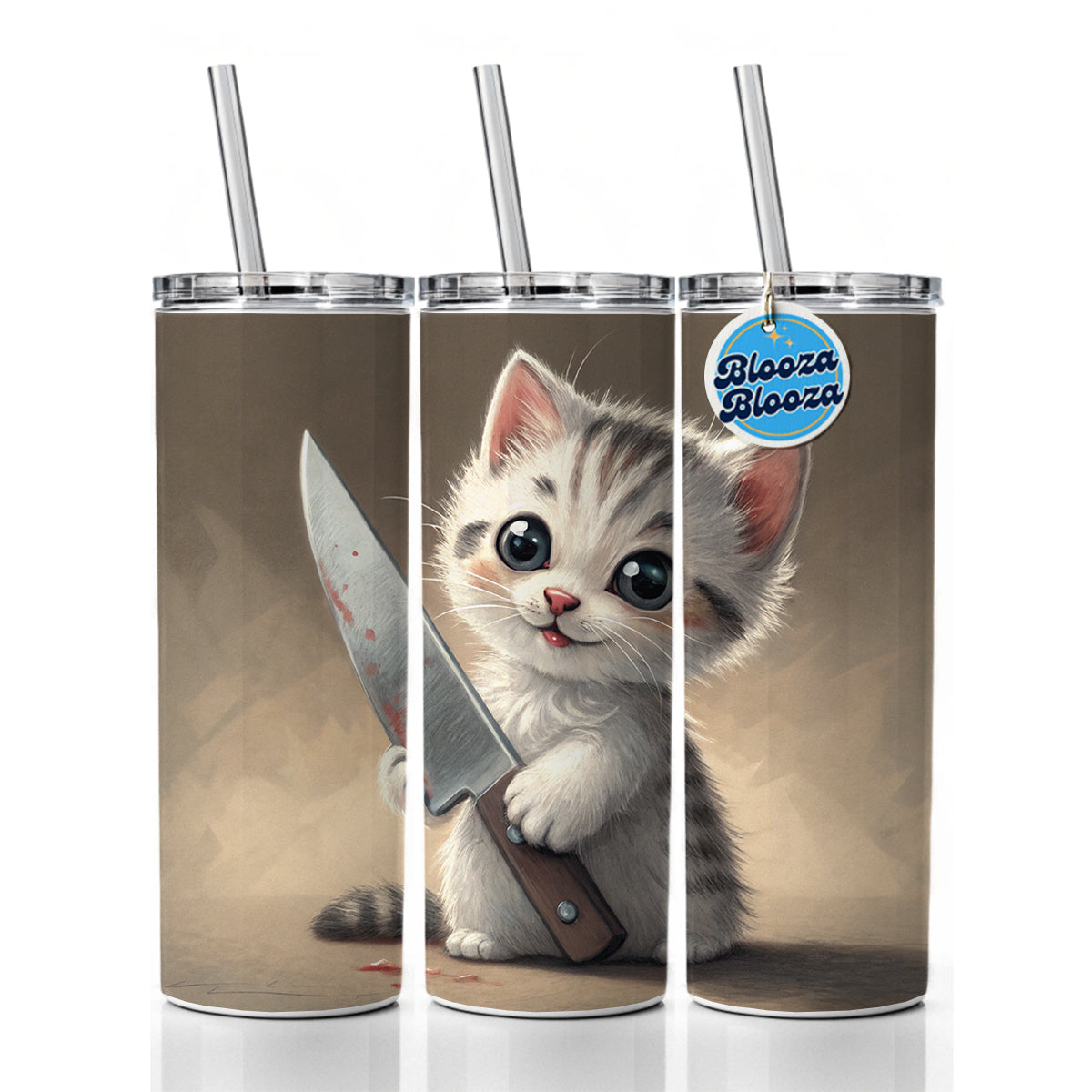 Small Cute Cat Kitten with a Butcher Knife Funny Skinny Tumbler 20oz with Straw Insulated Water Bottle Gift