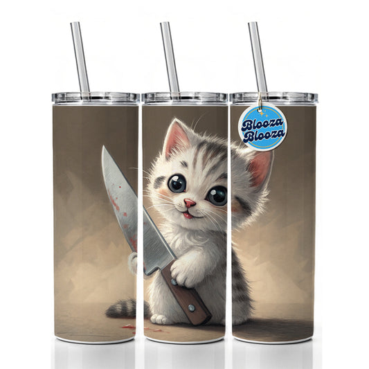 Small Cute Cat Kitten with a Butcher Knife Funny Skinny Tumbler 20oz with Straw Insulated Water Bottle Gift