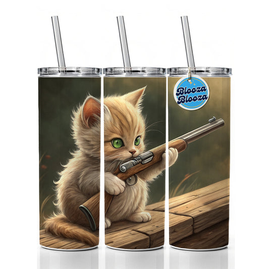 Small Cute Fuzzy Cat Kitten with a Shotgun Funny Skinny Tumbler 20oz with Straw Insulated Water Bottle Gift