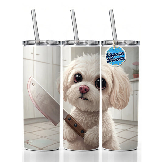 Small Fluffy Dog with a Butcher Knife Funny Scary Halloween Skinny Tumbler 20oz with Straw Insulated Water Bottle Gift