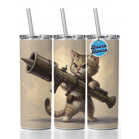 Small Fuzzy Cat Kitten with a Rocket Launcher Funny Skinny Tumbler 20oz with Straw Insulated Water Bottle Gift