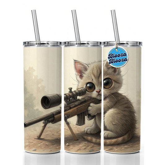 Small Fuzzy Cat Kitten With A Sniper Rifle Funny Skinny Tumbler 20oz with Straw Insulated Water Bottle Gift