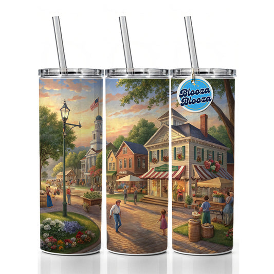 Small Town Americana Scene Skinny Tumbler 20oz with Straw Insulated Water Bottle Gift