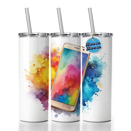 Smart Phone Watercolor Skinny Tumbler 20oz with Straw Insulated Water Bottle Gift