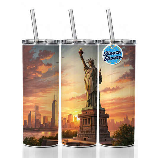 Statue Of Liberty During Sunset New York City Skinny Tumbler 20oz with Straw Insulated Water Bottle Gift