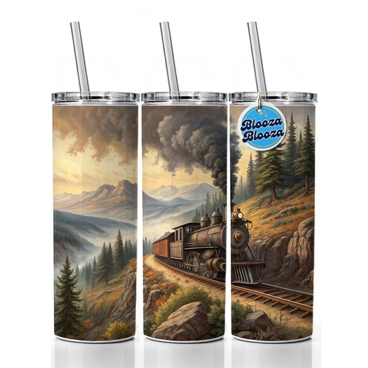 Steam Locomotive Coming Around The Mountain Old West Western Skinny Tumbler 20oz with Straw Insulated Water Bottle Gift