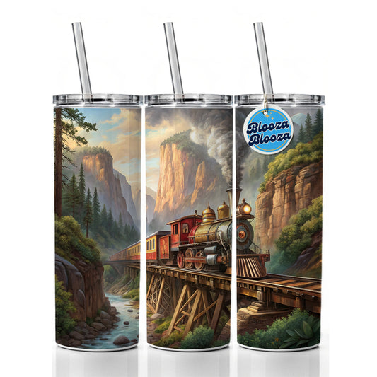 Steam Locomotive Crossing Gorge Old West Western Skinny Tumbler 20oz with Straw Insulated Water Bottle Gift
