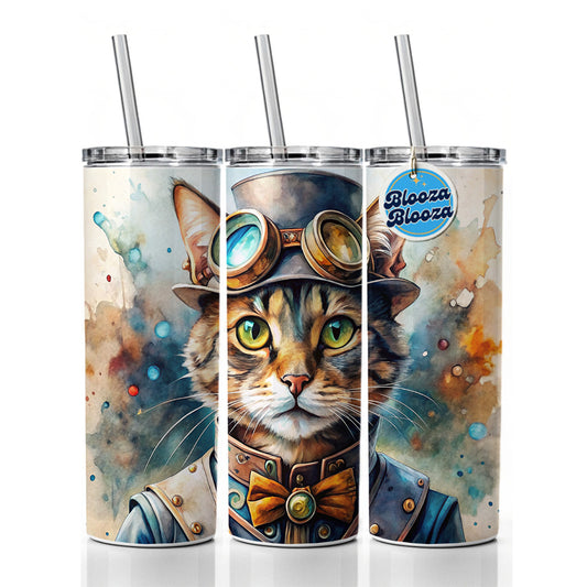 Steampunk Cat Hat and Goggles Watercolor Skinny Tumbler 20oz with Straw Insulated Water Bottle Gift