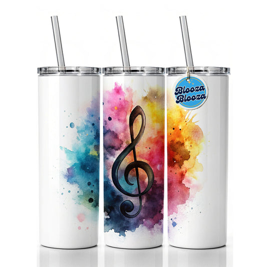 Treble Clef Music Musical Note Colorful Watercolor Skinny Tumbler 20oz with Straw Insulated Water Bottle Gift