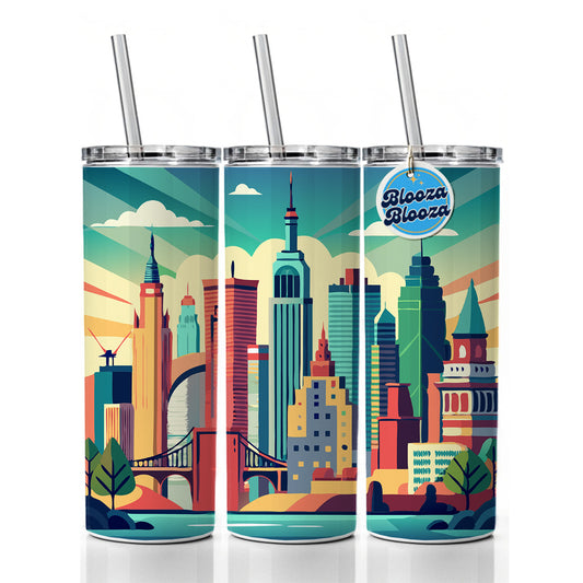 Vibrant Colored New York City Skyline Landscape Skinny Tumbler 20oz with Straw Insulated Water Bottle Gift