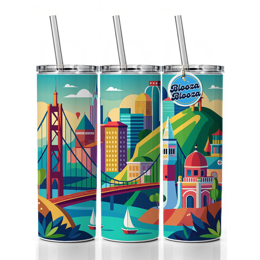 Vibrant Colored San Francisco City California Skyline Landscape Skinny Tumbler 20oz with Straw Insulated Water Bottle Gift
