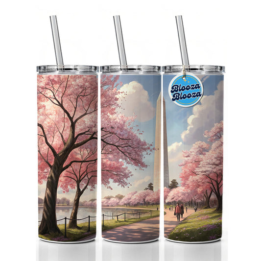 Washington Monument During Cherry Tree Blossom Season Skinny Tumbler 20oz with Straw Insulated Water Bottle Gift