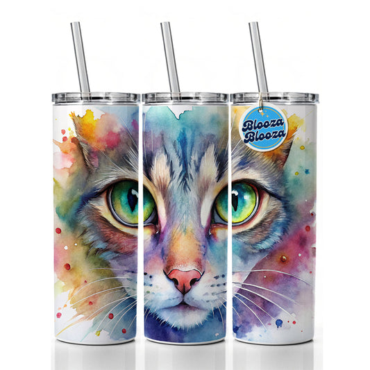 Watercolor Tabby Cat Skinny Tumbler 20oz with Straw Insulated Water Bottle Gift