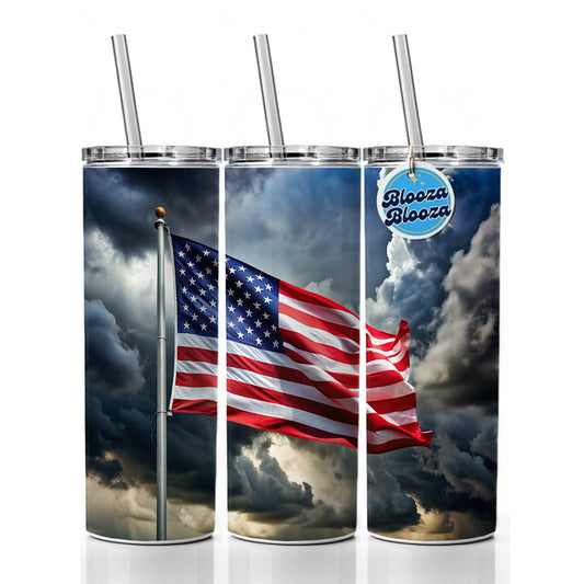 Waving American Flag After Storm Patriotic United States Skinny Tumbler 20oz with Straw Insulated Water Bottle Gift