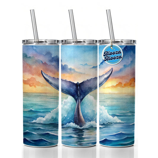 Whale Tail Ocean Watercolor Skinny Tumbler 20oz with Straw Insulated Water Bottle Gift