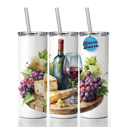 Wine Cheese Grapes on Board Watercolor Skinny Tumbler 20oz with Straw Insulated Water Bottle Gift