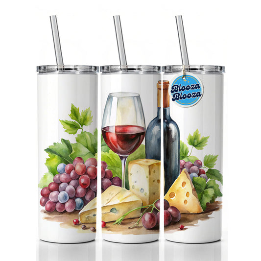 Wine Cheese Grapes Watercolor Skinny Tumbler 20oz with Straw Insulated Water Bottle Gift