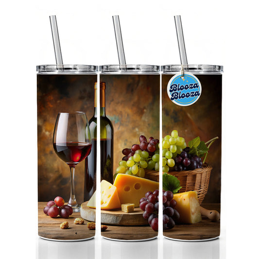 Wine Cheese Grapes Rustic Setting Skinny Tumbler 20oz with Straw Insulated Water Bottle Gift