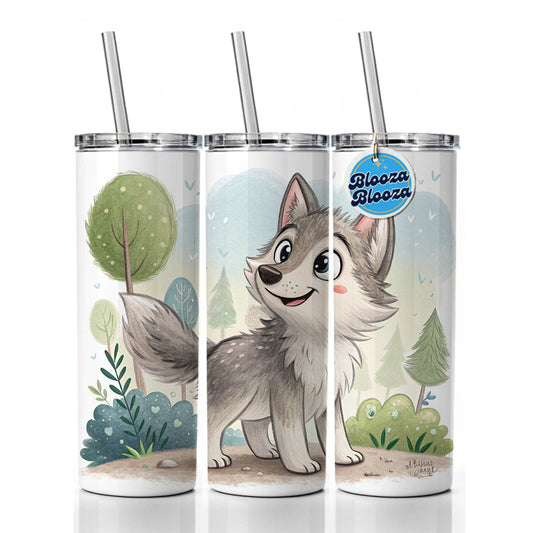 Wolf Children's Illustration Style Skinny Tumbler 20oz with Straw Insulated Water Bottle Gift