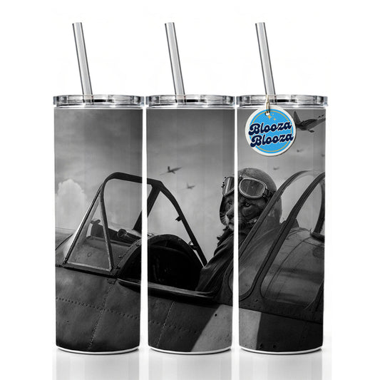 WWII Cat Fighter Plane Pilot Ace Retro Alternative Universe  Skinny Tumbler 20oz with Straw Insulated Water Bottle Gift
