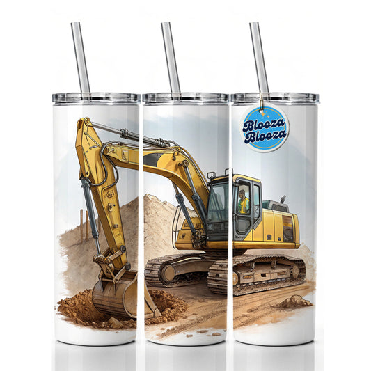 Yellow Excavator Construction Equipment Skinny Tumbler 20oz with Straw Insulated Water Bottle Gift