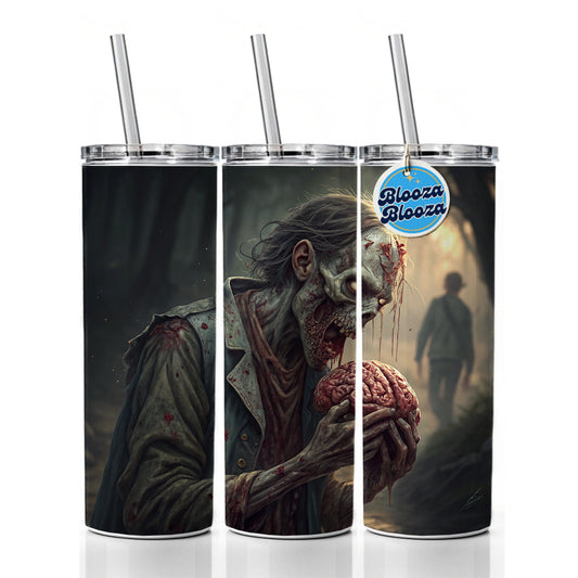 Zombie Eating Yummy Brains Funny Halloween Skinny Tumbler 20oz with Straw Insulated Water Bottle Gift