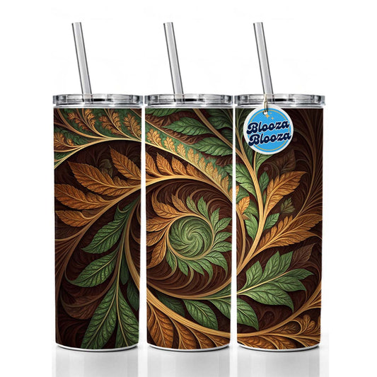 Abstract Brown Green Leaves Swirl Skinny Tumbler 20oz with Straw Insulated Water Bottle Gift