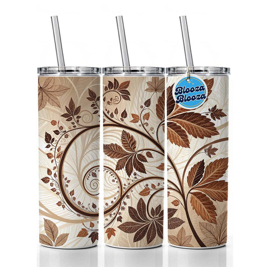 Abstract Brown Leaves Design Skinny Tumbler 20oz with Straw Insulated Water Bottle Gift