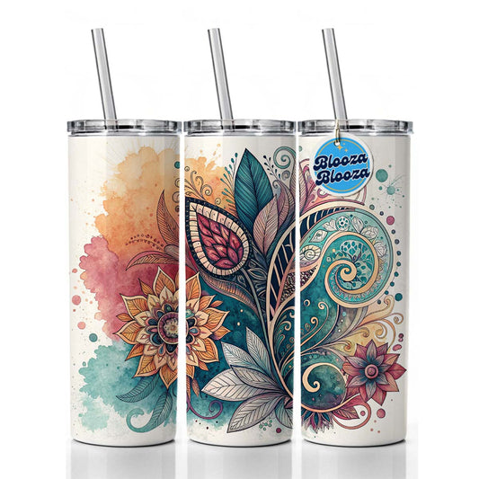 Abstract Deco Floral Leaves Swirl Design Skinny Tumbler 20oz with Straw Insulated Water Bottle Gift