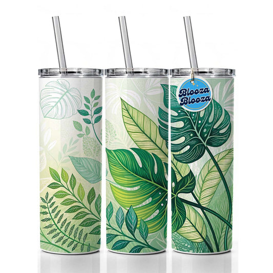 Abstract Green Leaves Design Skinny Tumbler 20oz with Straw Insulated Water Bottle Gift